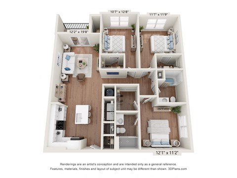 Floor plan for 3 beds, 2 baths, 1378 sqft